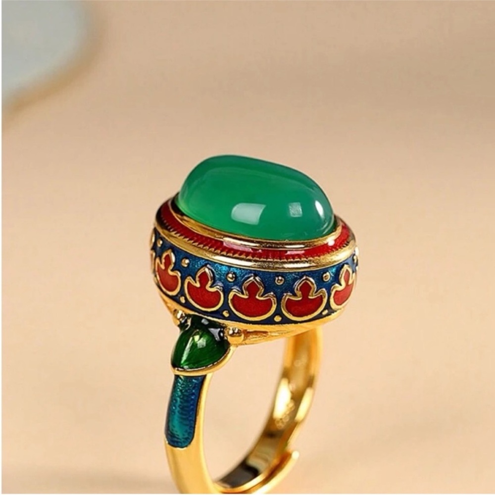 Vintage Style  Enamel Flower Faux Ruby Gemstone Statement Ring